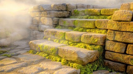 Stone steps covered in moss, bathed in sunlight and surrounded by fog