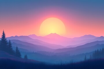 Beautiful Vibrant Sunrise Over Serene Mountain Landscape: A Vibrant Adventure in Nature's Artistic Scenery