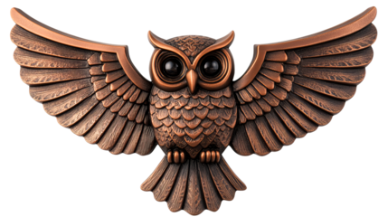Embossed copper owl wall decor, artistic spread wings display, cut out transparent