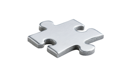 Shiny puzzle piece, chrome plated jigsaw element, connection , cut out transparent