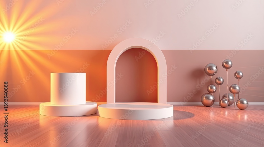 Poster interior render with display structures and sunburst light effect