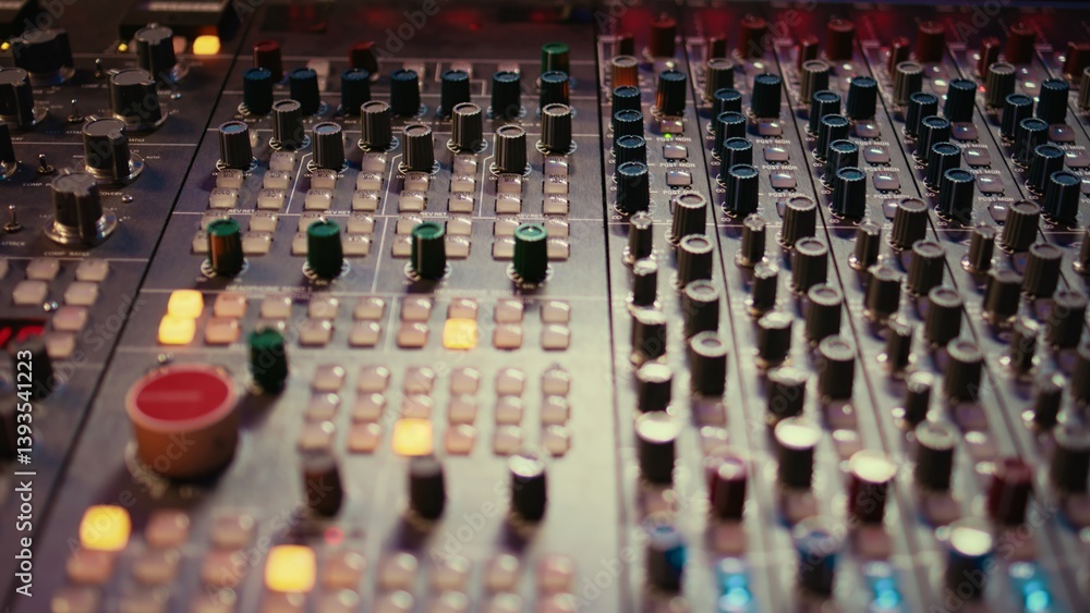 Fototapete pre amp knobs and switchers on mixing console panel board, audio stereo equipment used in music post