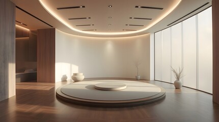 A modern room with large windows, minimalist design and decorative elements that create a cozy atmosphere.