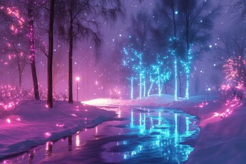 A snowy landscape with glowing bioluminescent trees casting bright reflections on the snow, creating a serene yet futuristic atmosphere, with soft neon lights illuminating the scene.