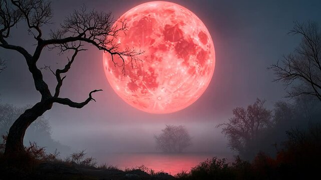 A stunning view of a large red moon rising over a foggy lake, with silhouetted trees in the foreground