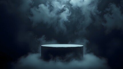 A circular platform of stone or concrete with a cracked surface, surrounded by haze