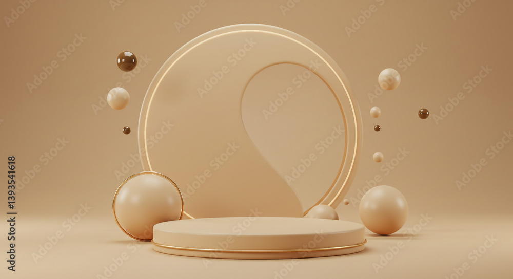 Poster serene beige minimalist display showcasing a circular platform with floating orbs, creating a calm a