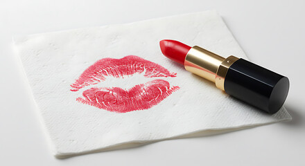 A red lipstick kiss mark on a white napkin, with lipstick bullet placed beside it