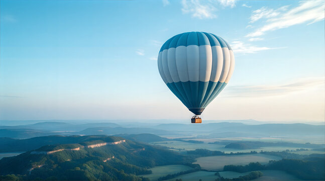 Hot air balloon in clear blue sky over vast mountain landscape, freedom and travel adventure concept for tourism, lifestyle, experience-based brands