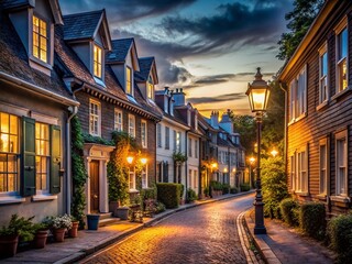Enchanting Night Street Photography Cozy Houses Bathed in Glowing City Lights Capturing the Magic of Urban Nightscapes