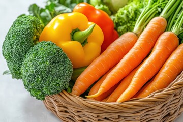 Fresh colorful vegetables arranged attractively inside a woven basket