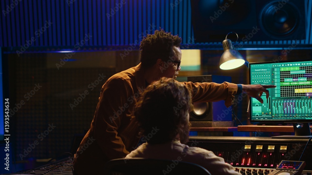 Poster Team of audio technician and artist producing and editing sounds on mixer console, using professional software on pc. Musician does collaboration with engineer to create music. Camera A.