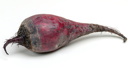 A raw unwashed beetroot with an elongated root-like shape rests on a white surface showcasing its dark red and purple hues.