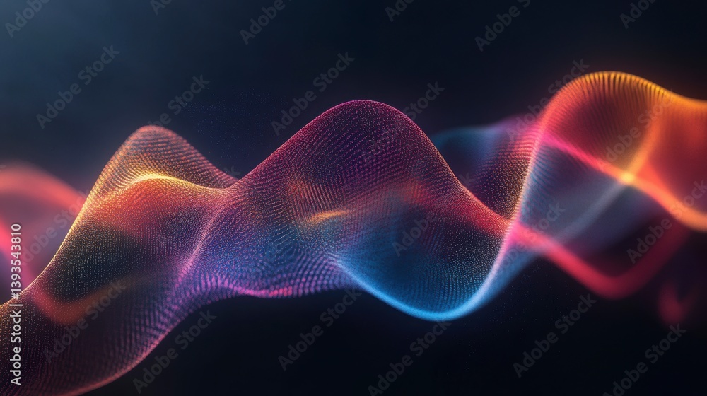 Poster abstract colorful wave of particles, flowing smoothly on dark background.