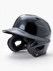 Fototapeta premium A black baseball helmet with classic details and a sporty design. Black baseball helmet on a white background.