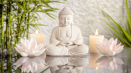 Serene buddha statue with candles and lotus flowers in tranquil setting