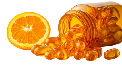 Vitamin C orange slice, with bottle of capsules, cut out transparent