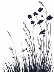 Elegant Black and White Botanical Silhouette: Minimalist Floral and Grass Design for Artistic Eco-Friendly Home Decor