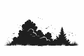 Vector Silhouette Forest: Nature Artwork with Trees and Birds in Black and White Landscape