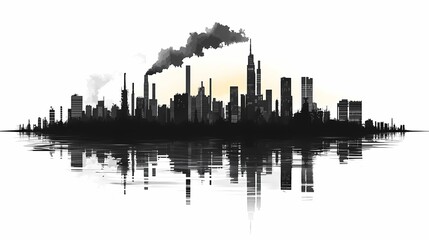 Urban Landscape Silhouette: Reflection of Modern Architecture and City Pollution in Black and White