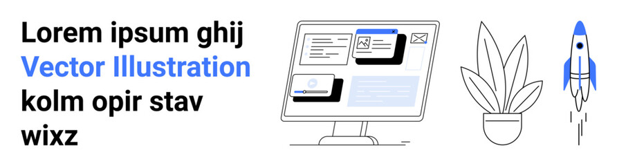 Desktop screen with open applications, rocket symbolizing innovation, and plant representing growth. Ideal for technology, workplace, productivity, creativity, education, futuristic flat landing