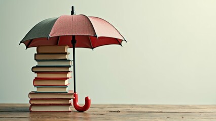 stack books red umbrella top books arranged pyramid like shape topmost book side bottommost right side umbrella open black handle red canopy background plain white wall floor wooden planks overall
