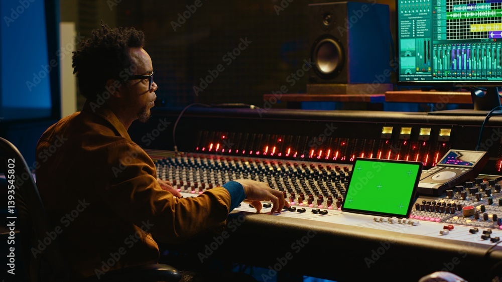 Poster Sound engineer expert recording audio tracks next to tablet mockup, adding sound effects on songs with mixing console. Producer pressing buttons and sliders in control room. Camera A.