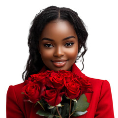 A Stunning Young African Girl in a Red Coat Holding Red Roses Isolated on Transparent Background