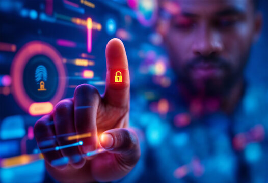 Close-up shot of a dark-skinned man, around 35 years old, wearing a blue shirt, with his thumb raised and touching a digital interface displaying a fingerprint scan