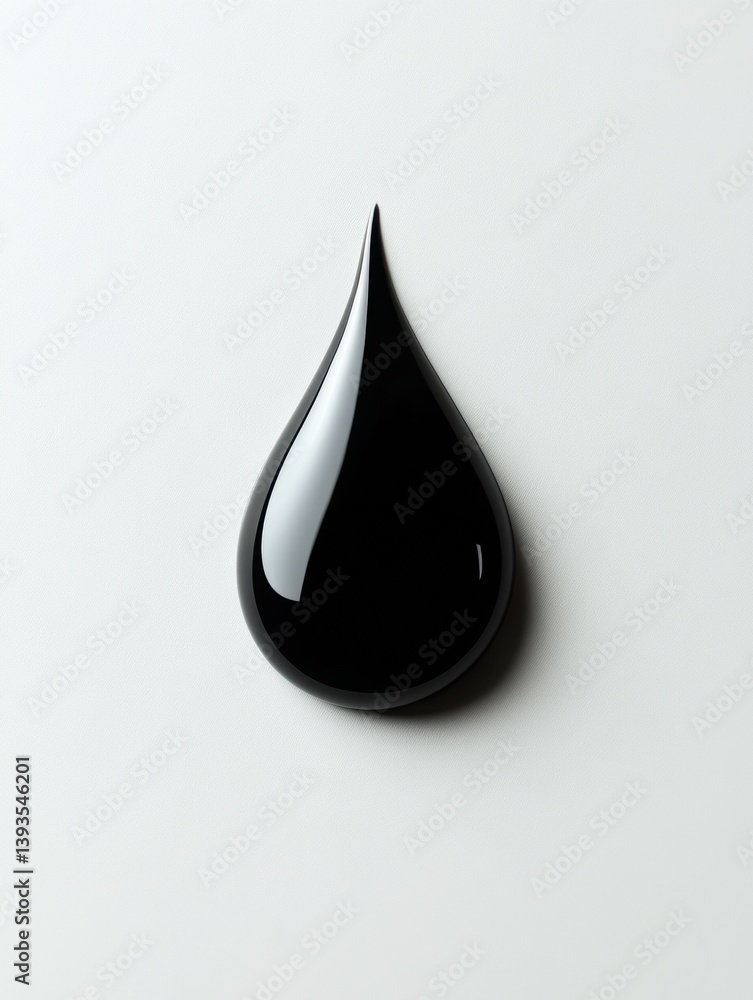 Poster Glossy black droplet resting elegantly on a matte white background with striking high contrast lighting