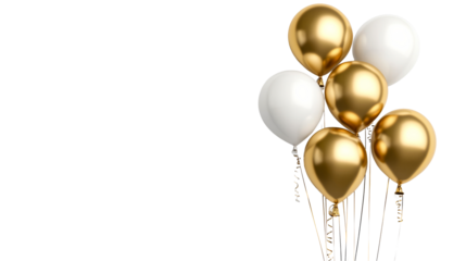 Bunch of gold and white balloons for party celebration, cut out transparent
