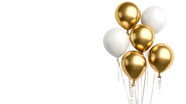 Fototapeta Bunch of gold and white balloons for party celebration, cut out transparent