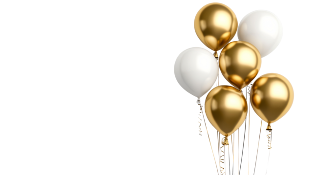 Bunch of gold and white balloons for party celebration, cut out transparent