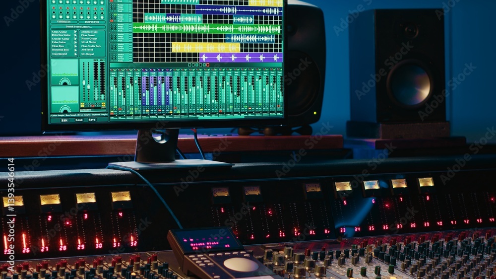 Aufkleber professional studio control room with pre amp knobs and faders, key buttons on recording desk, sound
