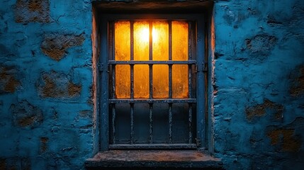 Window with warm light in stone wall; iron bars add to the rustic look