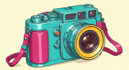 A vibrant teal and pink vintage camera ready for a summer adventure with bold graphic lines and a playful retro aesthetic.