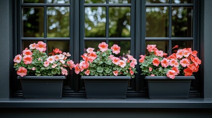 Window boxes pink flowers in black containers sit in a window frame