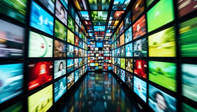 Corridor filled with multiple television screens displaying various colorful and blurred images shown all around