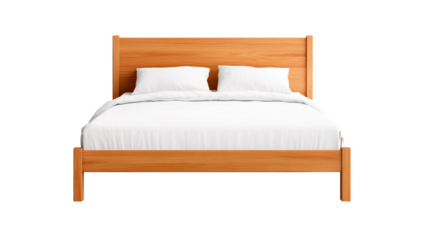 Wooden bed with white linens and pillows, cut out transparent