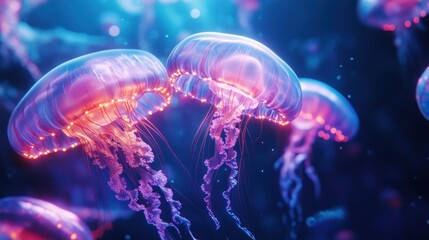 A wide-angle photo of luminous cyberpunk jellyfish with emitting diodes floats in a mysterious neon space, their glowing bodies illuminating the futuristic underwater scene.
