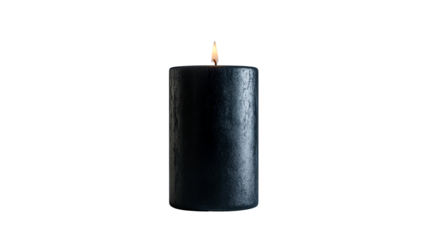 Isolated black paraffin candle with flame on dark background, cut out transparent