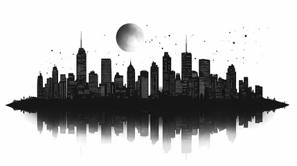 Dreamy Monochrome Urban Skyline: Black and White Reflection with Moonlit Silhouette