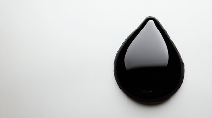 Glossy black droplet sits on a smooth matte white surface with dramatic lighting and high contrast creating visual intrigue