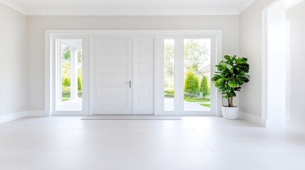 White Entryway Ficus Plant Modern Minimalist Style Brightly Lit Wide Shot Clean Lines Peaceful Ambiance Lush Garden View Bright Neutral Tones Ideal for Real Estate Listings