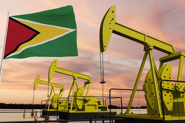 Nice pumpjack oil extraction and cloudy sky in sunset with the Guyana flag 3D rendering