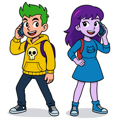 Boy and Girl Cartoon Kids Talking on Phones with School bags smiling