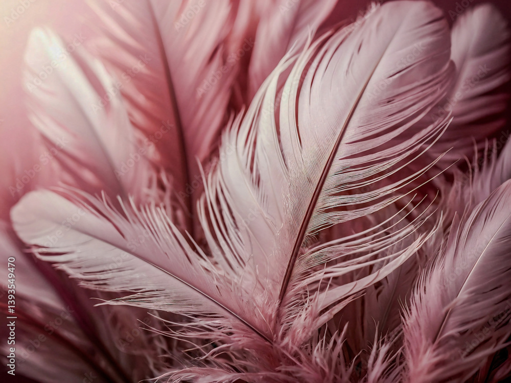 Poster pink feathers backlit, sunlit texture with soft background design element