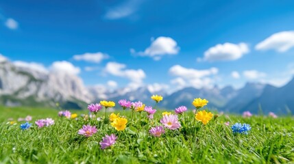 Obraz premium Alpine Wildflowers Meadow Flowers Vibrant Spring Style High-resolution Vivid Close-up Ground Level Blooming Pasture Mountainous Landscape Bright Sunny Hues Ideal for Nature Calendars