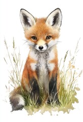 An Adorable Watercolor Illustration of a Sitting Fox