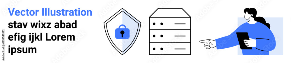 Poster shield with lock symbol, server stack, and individual analyzing with clipboard. ideal for cybersecur